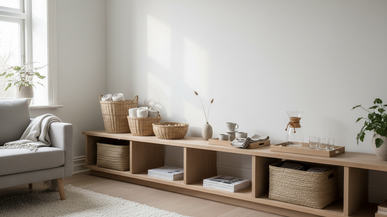 Learn how trays, baskets, and open storage create visible order in calm interiors. A practical guide to structured, material-driven organization inspired by Scandinavian design.