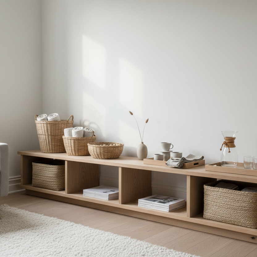 Learn how trays, baskets, and open storage create visible order in calm interiors. A practical guide to structured, material-driven organization inspired by Scandinavian design.
