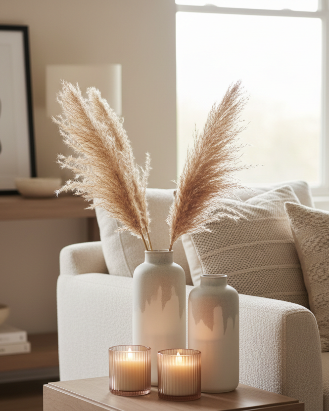 Home accessories and decorative items made of ceramic, glass, wood and metal for shelves, tables, sideboards and window sills in tranquil living spaces.