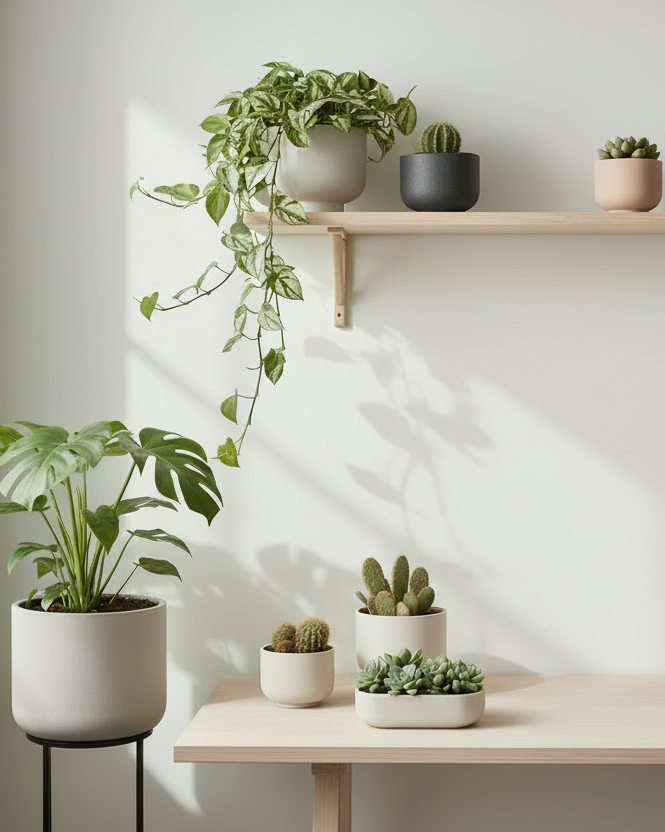 Discover Pots & Planters that frame your indoor greenery with neutral, matte finishes in ceramic, stoneware, glass, and metal—perfect for shelves and desks.