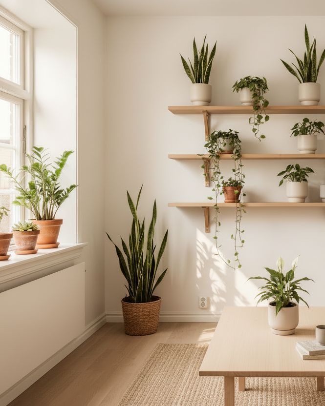 Indoor plants selected for calm, well-structured interiors. Natural greenery for windowsills, tables, shelves, and plant corners.