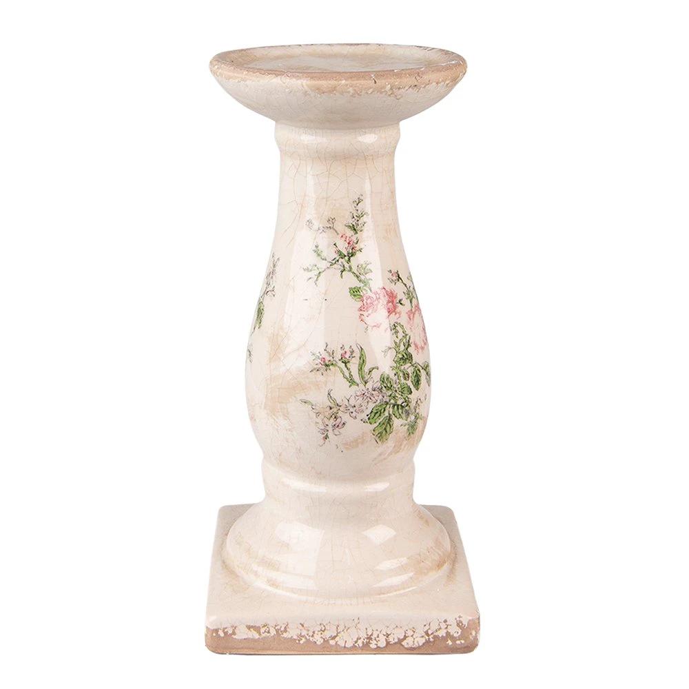 Kandelaar Ø 12x24 cm Roze Beige Keramiek Bloemen Kaarsenstandaard by Clayre & Eef.