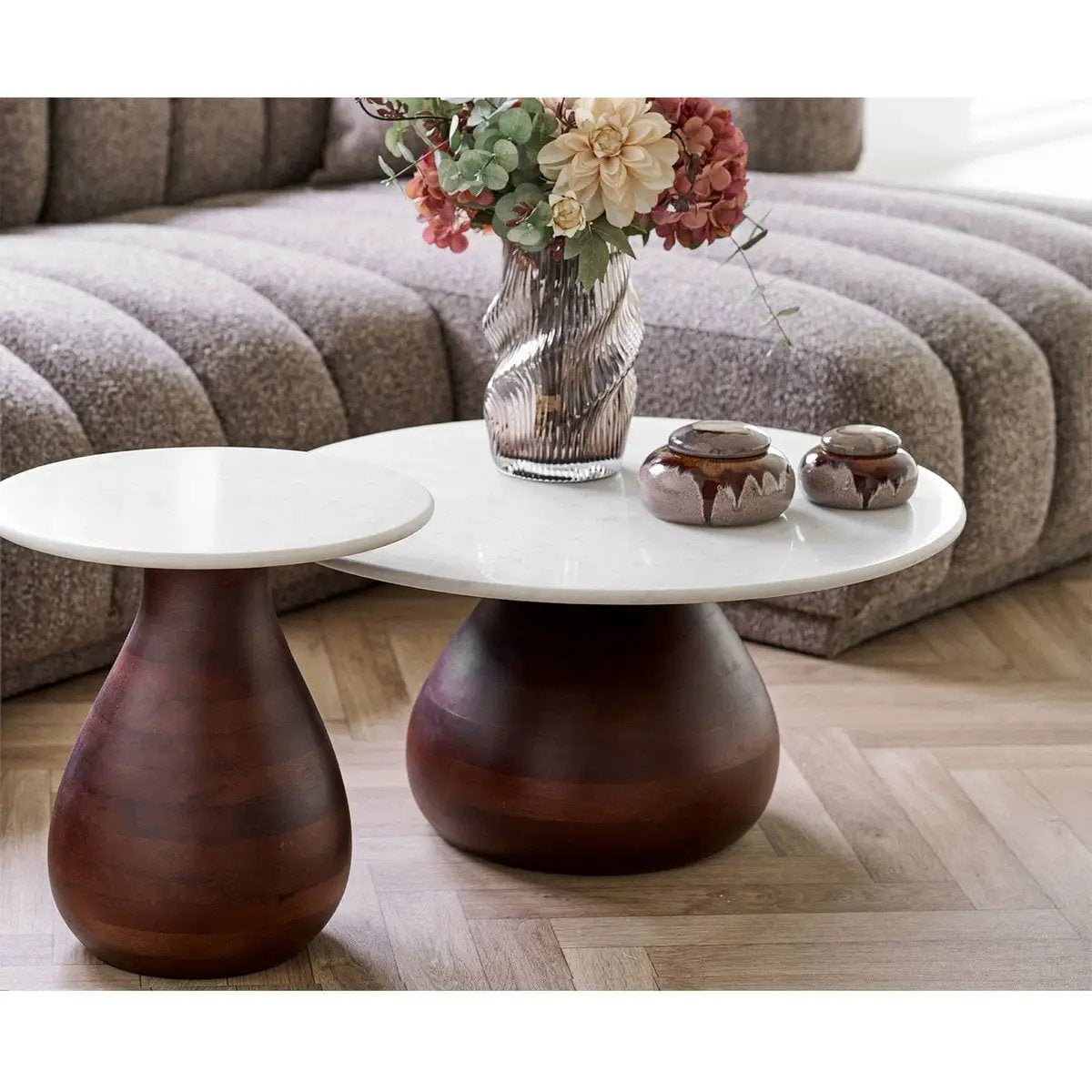 Heide Coffee table, mango wood/marble, dark brown/white, ø70x35 cm by EMIRELLE