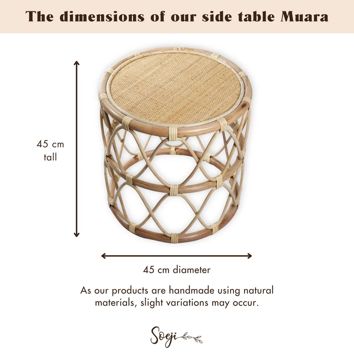 Round Rattan Side Table – Small Boho Coffee Table – Bedside Table Rattan Beige – Handmade Table Made of Natural Rattan (Ø 45 cm) MUARA by Soeji