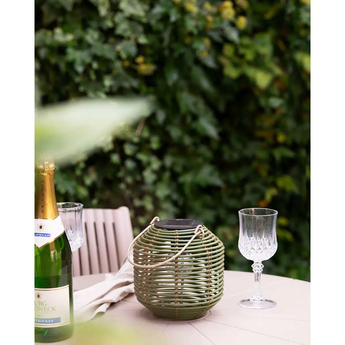 Crewe Lantern, rechargeable with integrated solar panel, green by EMIRELLE