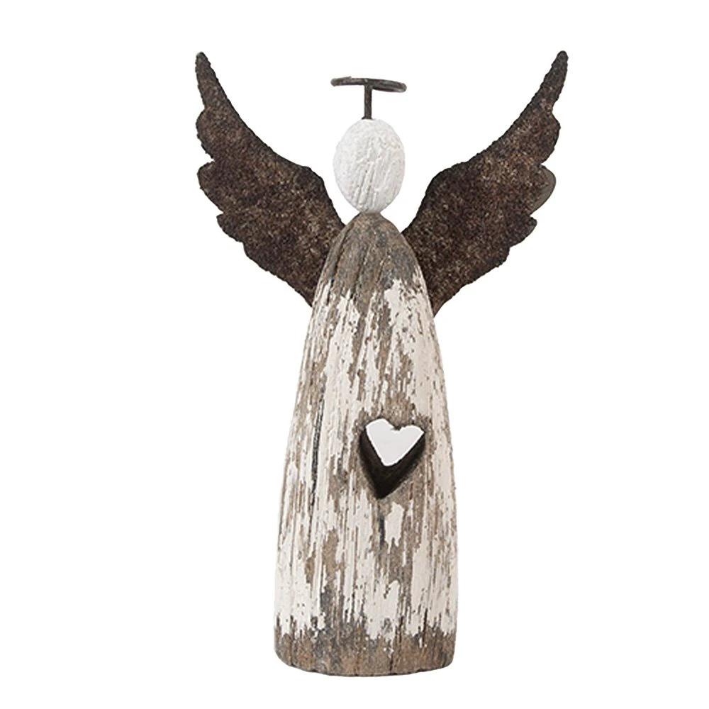 Decoratie Beeld Engel 7x3x12 cm Wit Bruin Hout by Clayre & Eef.