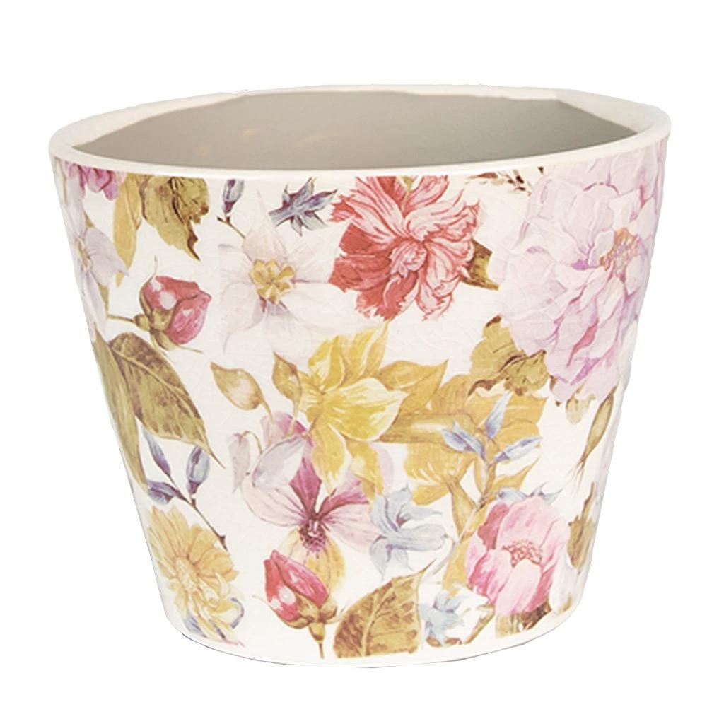 Flowerpot Ø 12x10 cm Pink Beige Ceramic Flowers Flowerpot Indoor by Clayre & Eef.