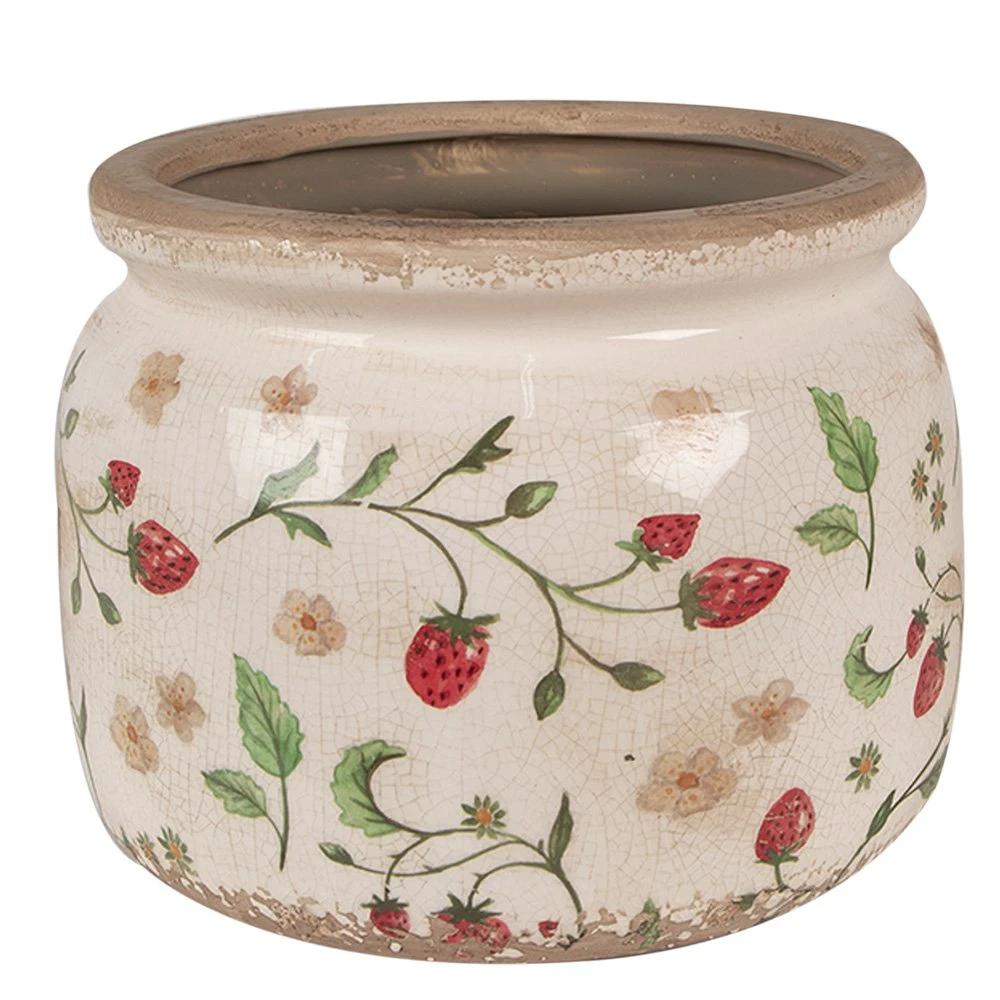 Blumentopf Ø 20x15 cm beige-rot Keramik Erdbeere, Blumentopf innen von Clayre & Eef.