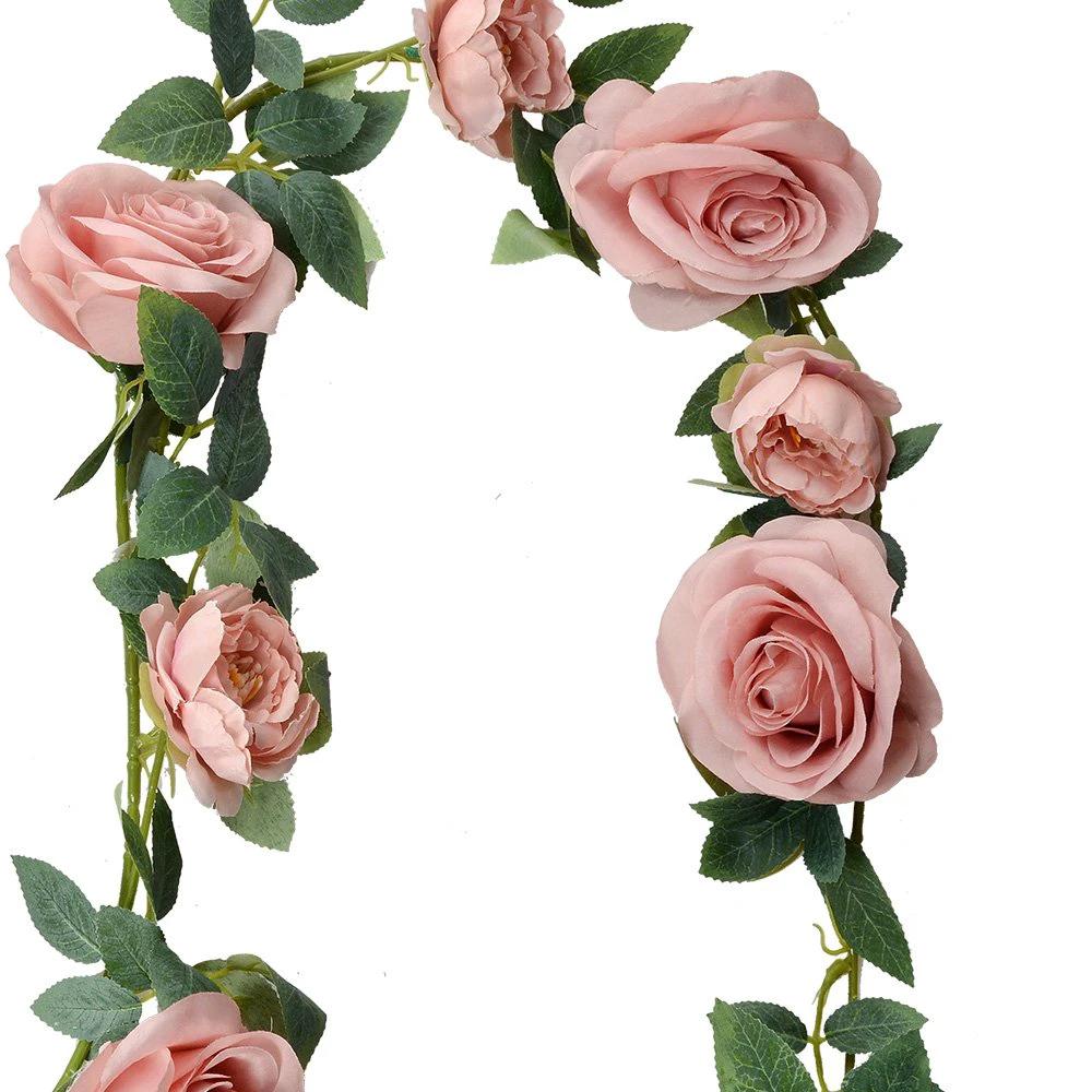 Artificial flower garland 150 cm pink green plastic roses by Clayre & Eef.
