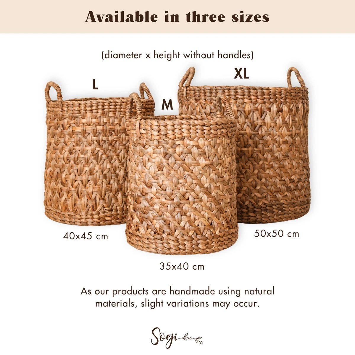 Round Woven Laundry Basket – Boho Plant Basket – Laundry Hamper Brown – Large Basket Made of Water Hyacinth RAJA (3 sizes Ø 35/40/50 cm) by Soeji