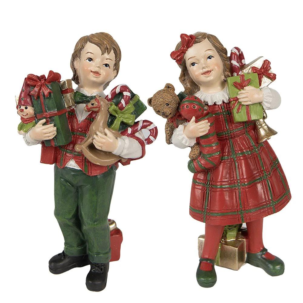 Decoration Statue Children set of 2 / 13 cm Red Green Polyresin Christmas decoration by Clayre & Eef.