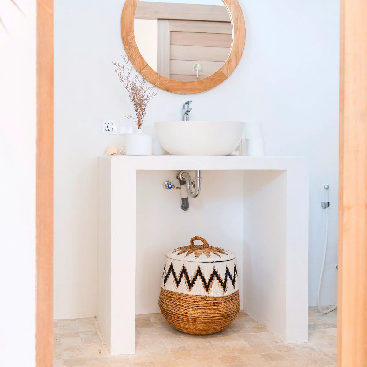 Laundry Basket with Lid – Boho Laundry Hamper Round – Large Boho Basket – Woven Basket with Cotton Pattern PALEM (3 sizes Ø33/43/55cm) by Soeji