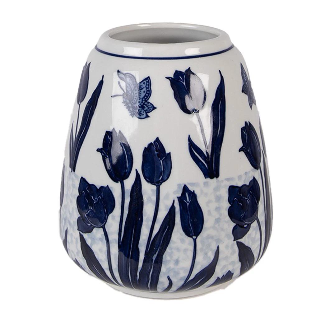 Vase Ø 16x18 cm White Blue Ceramic by Clayre & Eef.