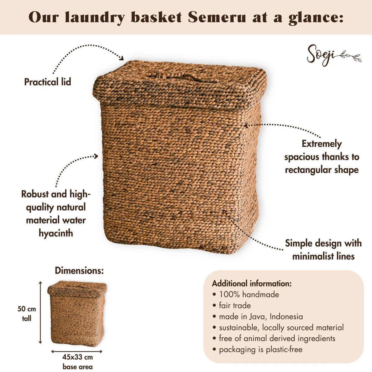 Large Laundry Basket with Lid – Decorative Woven Brown Basket – Rectangular Laundry Hamper – Boho Basket Handmade from Water Hyacinth SEMERU by Soeji