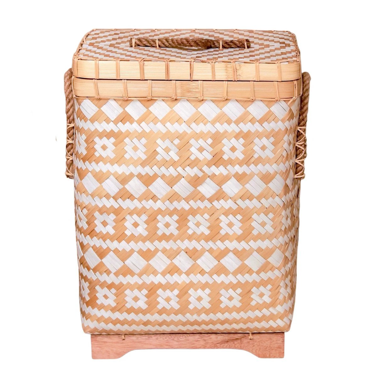 Laundry Basket with Lid DARI Handwoven from Bamboo with a Beige White Zig Zag Pattern by Soeji