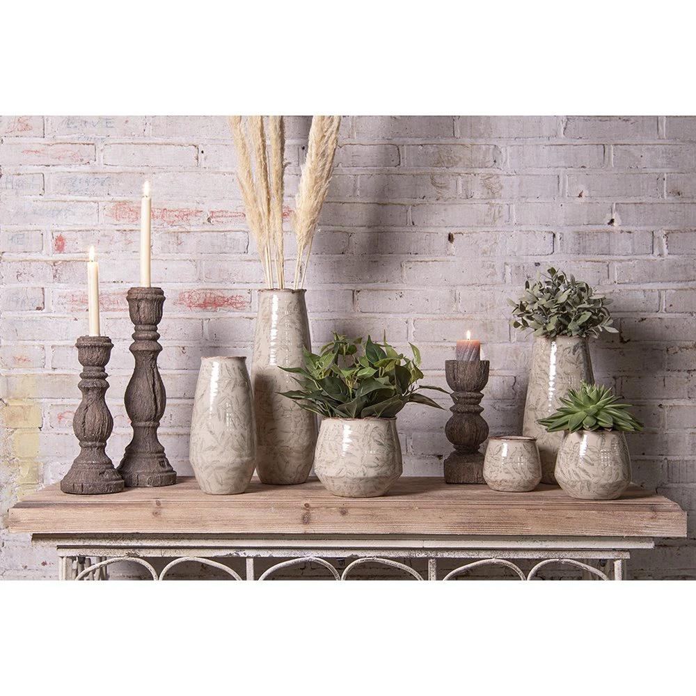 Flowerpot Ø 14x13 cm Green Beige Ceramic Leaves Flowerpot Indoor by Clayre & Eef.