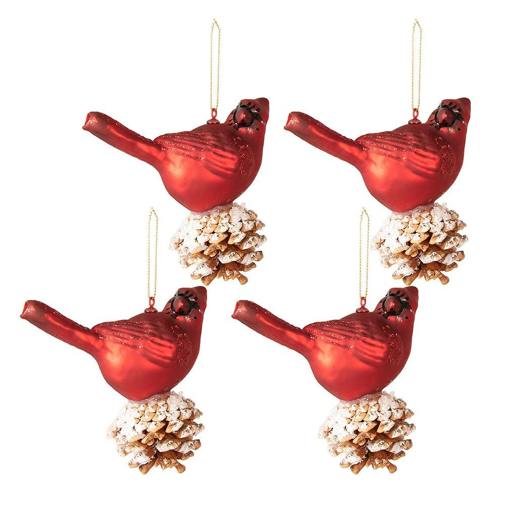 Christmas bauble set of 4 bird 11x6x12 cm red white glass Christmas tree decorations by Clayre & Eef.