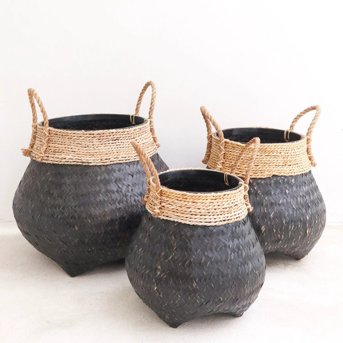 Black Plant Basket Decorative Basket Large Laundry Basket BENOA (black) Hand-woven Basket made of Bamboo and Seagrass (3 sizes) by Soeji