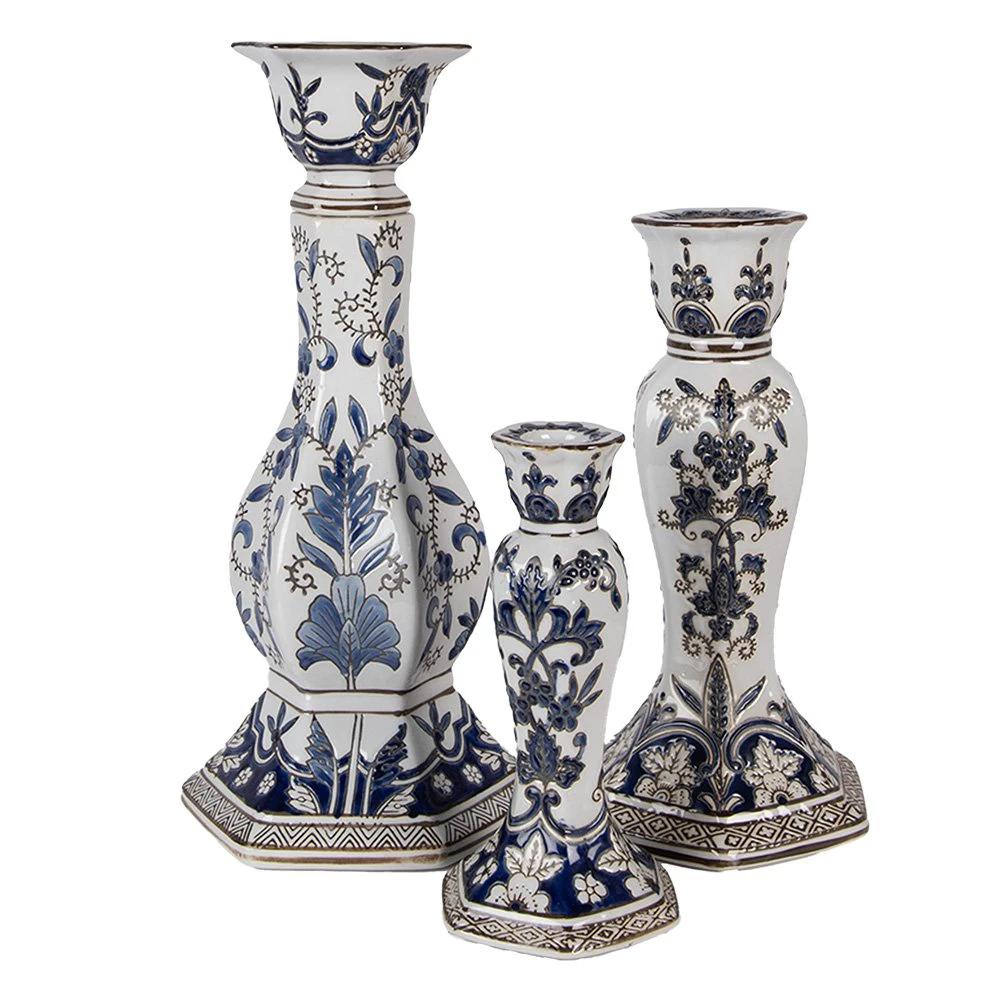 Candlestick Ø 15x28 cm White Blue Porcelain by Clayre & Eef.