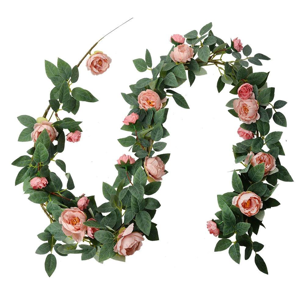 Artificial flower garland 150 cm pink green plastic roses by Clayre & Eef.