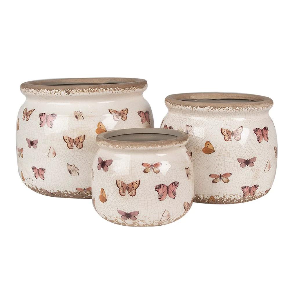 Flowerpot Ø 20x15 cm Beige Pink Ceramic Butterflies Flowerpot Inside by Clayre & Eef.