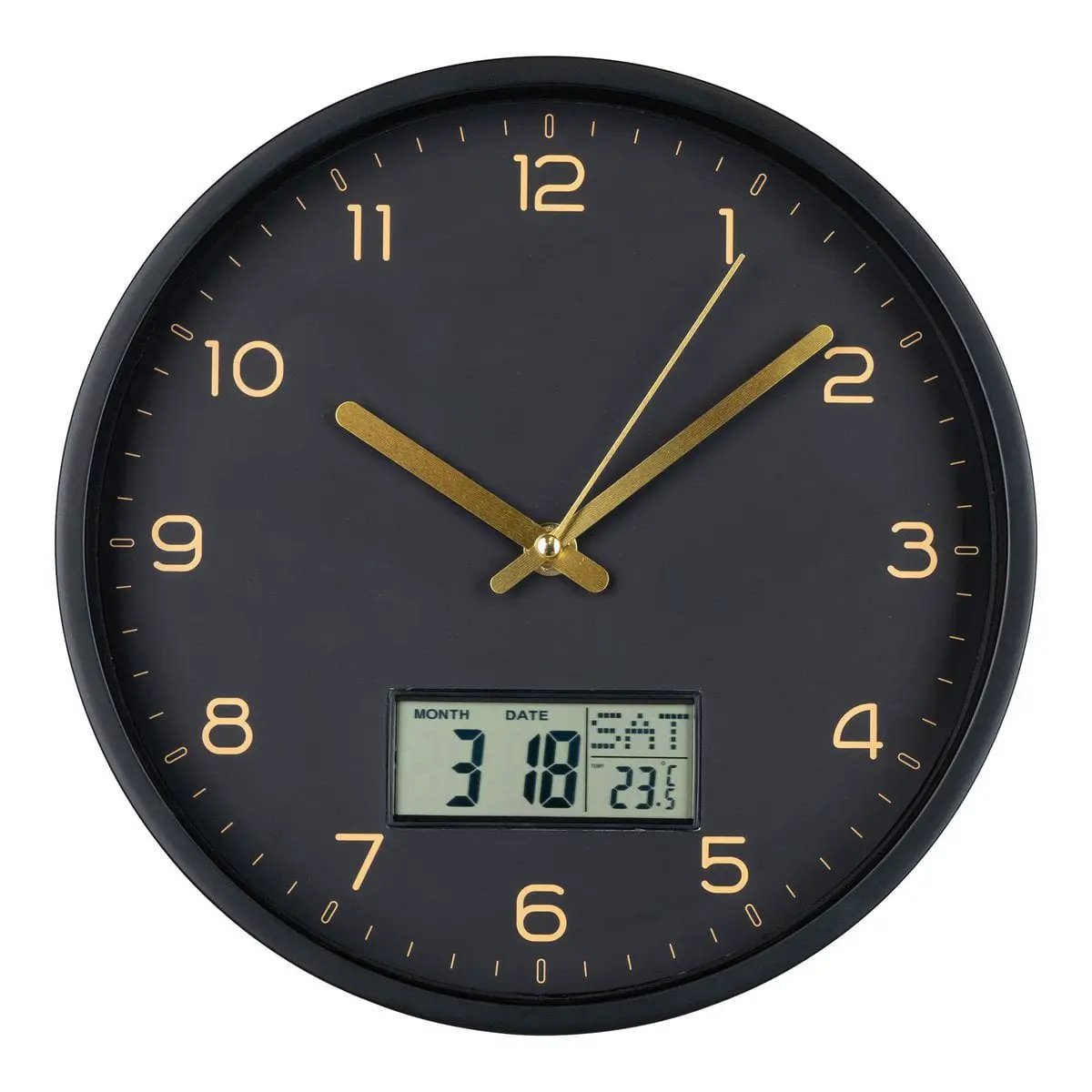 Amiens Wall Clock - Black, Plastic, Glass, LCD, Ø25cm by EMIRELLE