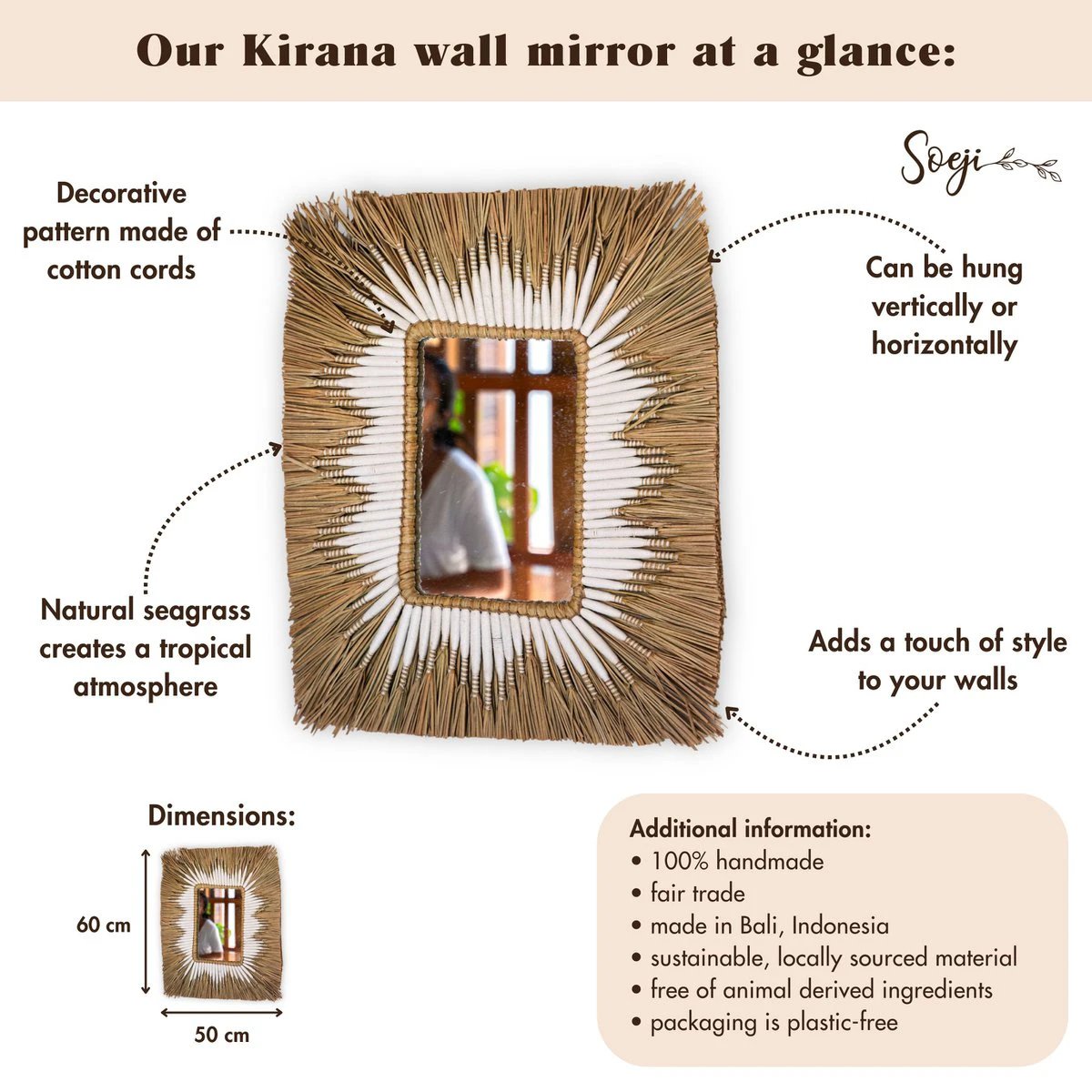 Seagrass Wall Mirror – Rectangular Boho Hanging Mirror – Fringe Wall Mirror with White Cotton Pattern 60x50 cm KIRANA by Soeji
