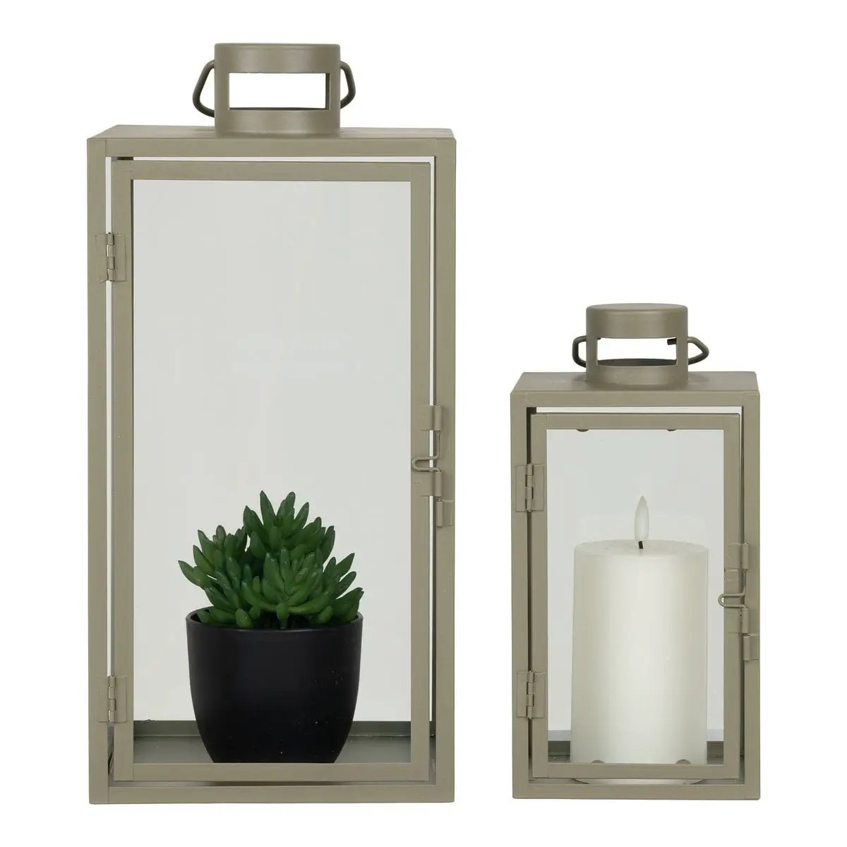 Corfu Lanterns - Green, Steel, Glass, 13/19.5x13/19.5x25.5/40 cm - Set of 2 by EMIRELLE