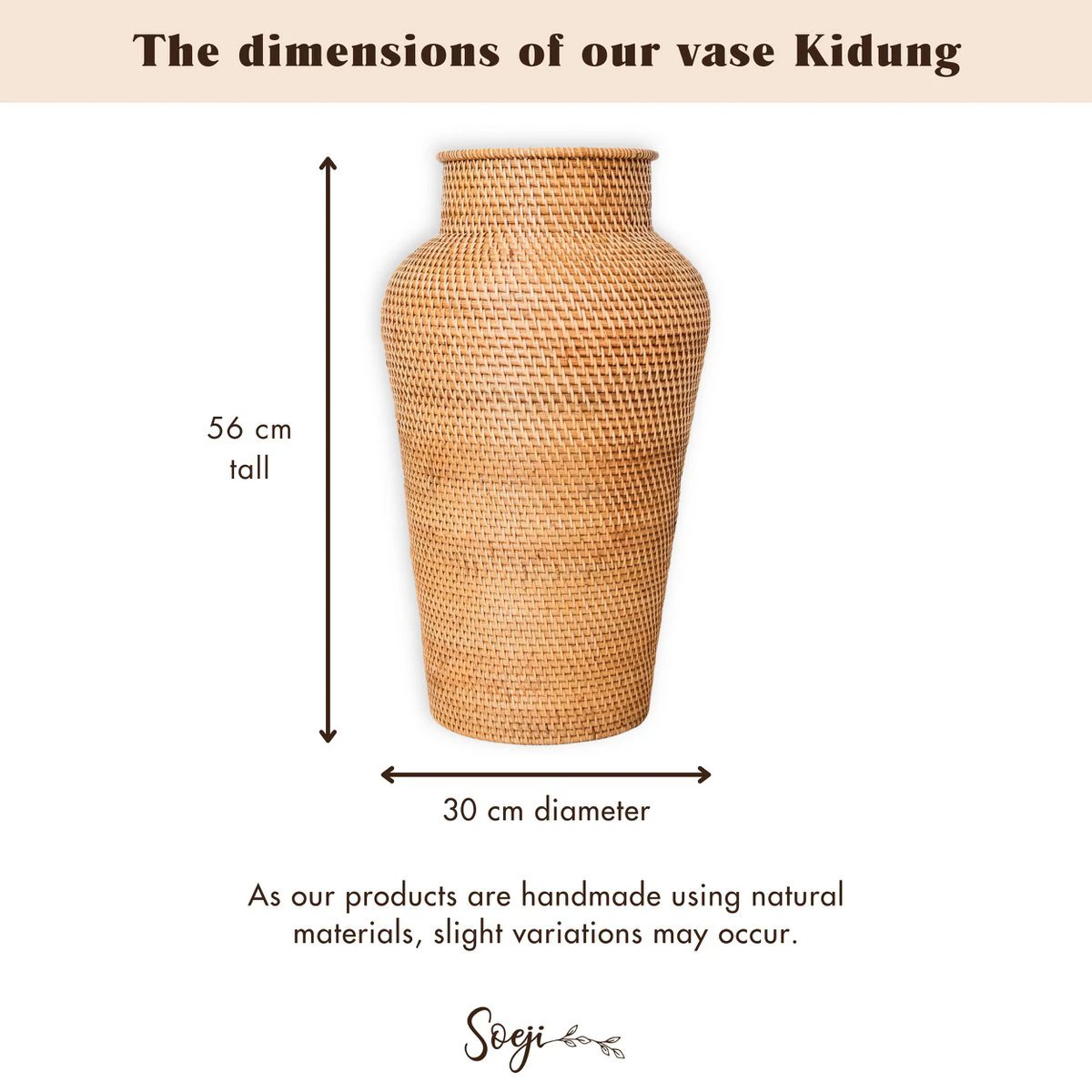 Woven Rattan Vase Round – Large Boho Decorative Vase – Vase Tall & Narrow – Floor Vase Handmade from Natural Fibres (Ø 30 cm) KIDUNG by Soeji
