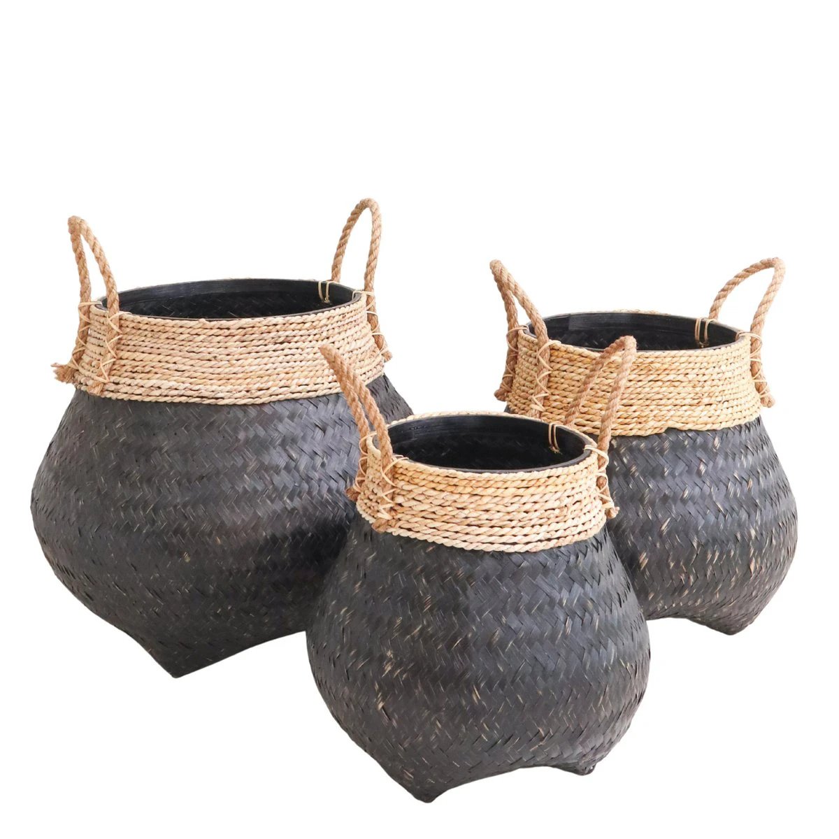 Black Plant Basket Decorative Basket Large Laundry Basket BENOA (black) Hand-woven Basket made of Bamboo and Seagrass (3 sizes) by Soeji