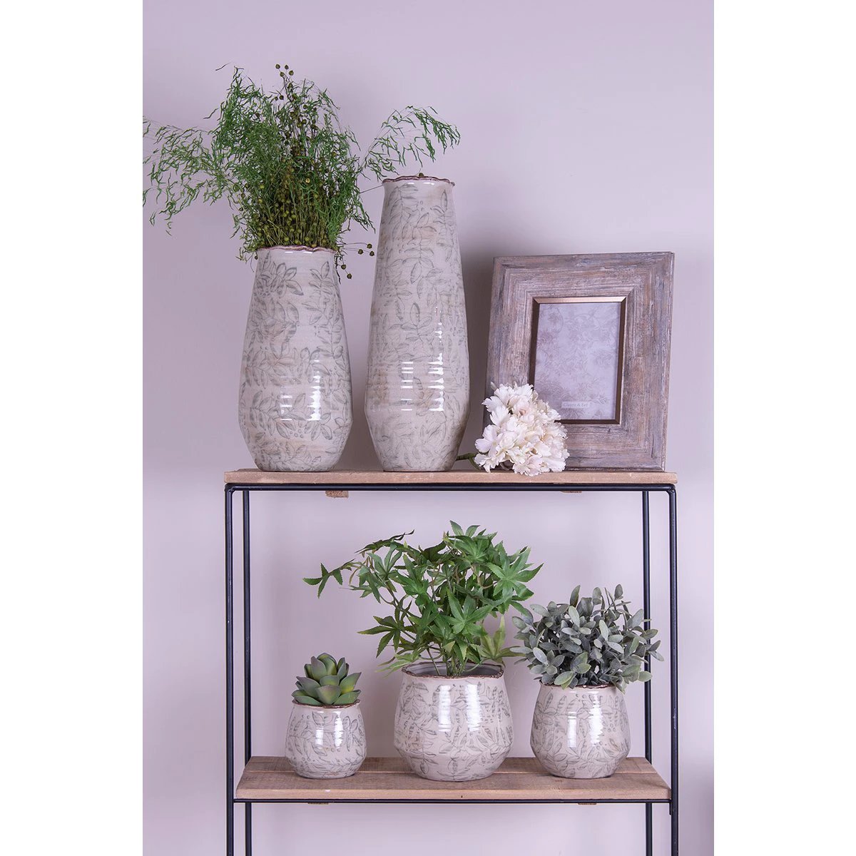 Flowerpot Ø 14x13 cm Green Beige Ceramic Leaves Flowerpot Indoor by Clayre & Eef.
