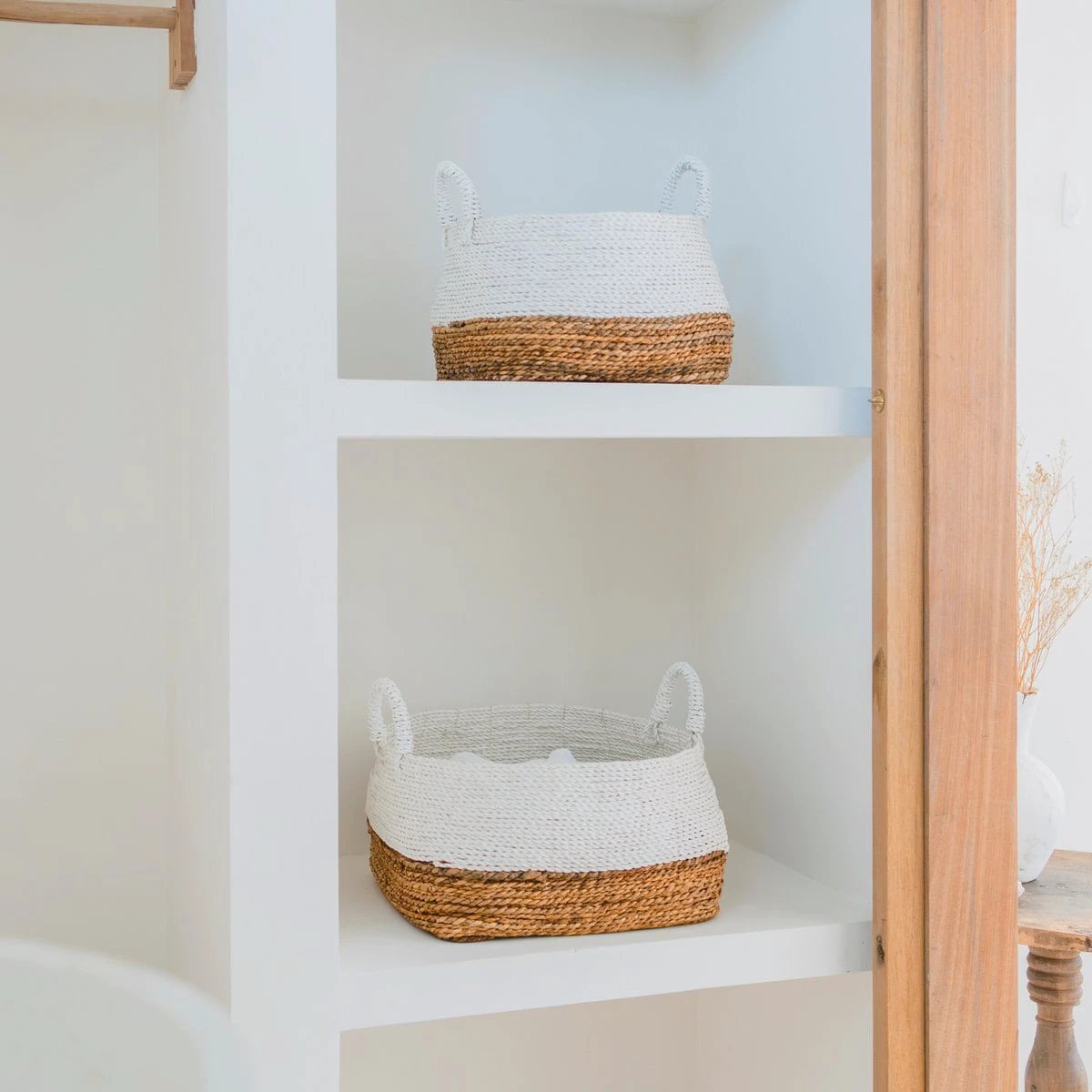 Woven Storage Basket White – Boho Decorative Basket – Square Laundry Basket – Shelf Basket Made of Banana Fibre MAJALENGKA white (3 sizes) by Soeji