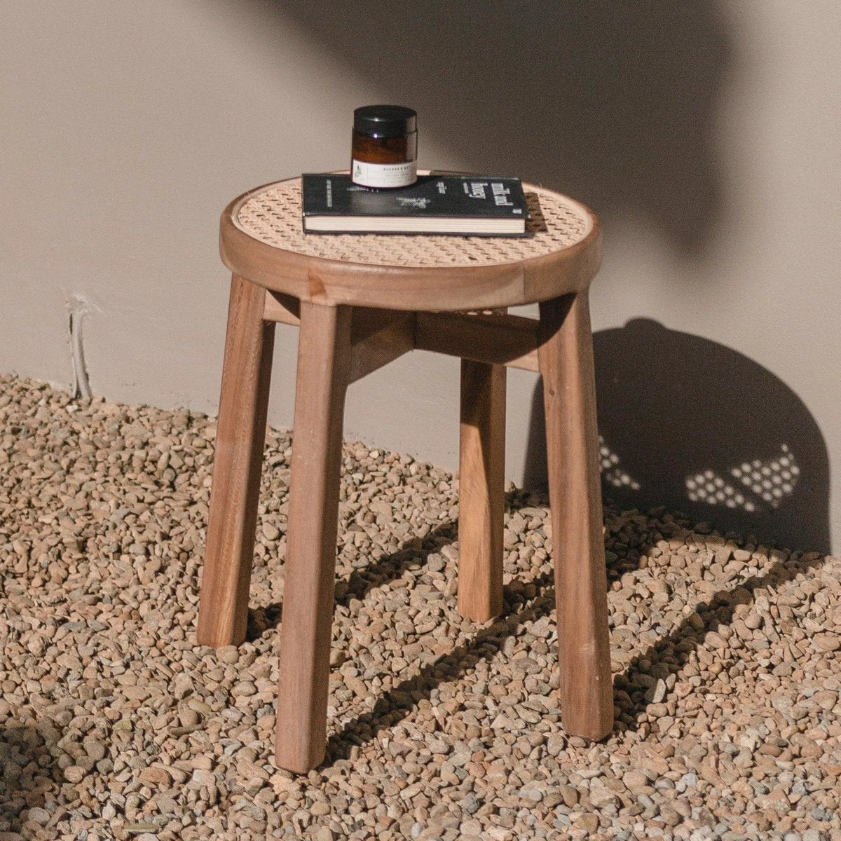 Wooden Stool CARAMIN made of Trembesi with a Seating Surface from Woven Rattan by Soeji