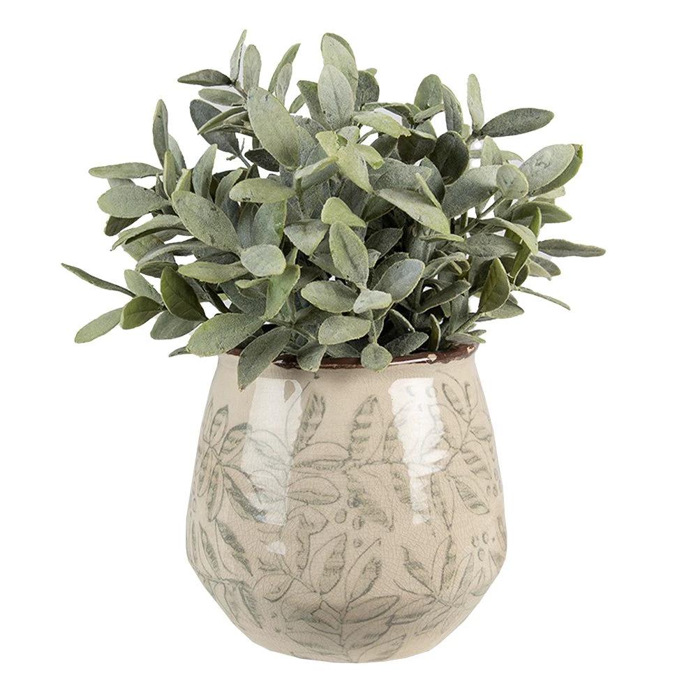 Flowerpot Ø 14x13 cm Green Beige Ceramic Leaves Flowerpot Indoor by Clayre & Eef.