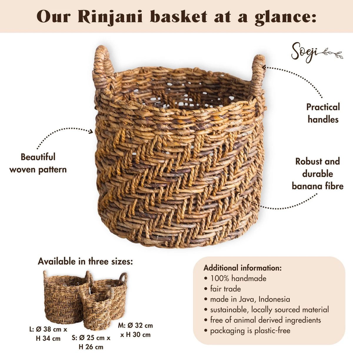Boho Laundry or Plant Basket – Round Woven Storage Basket – Decorative Basket Made of Banana Fibre (3 sizes Ø 25/32/38 cm) RINJANI by Soeji