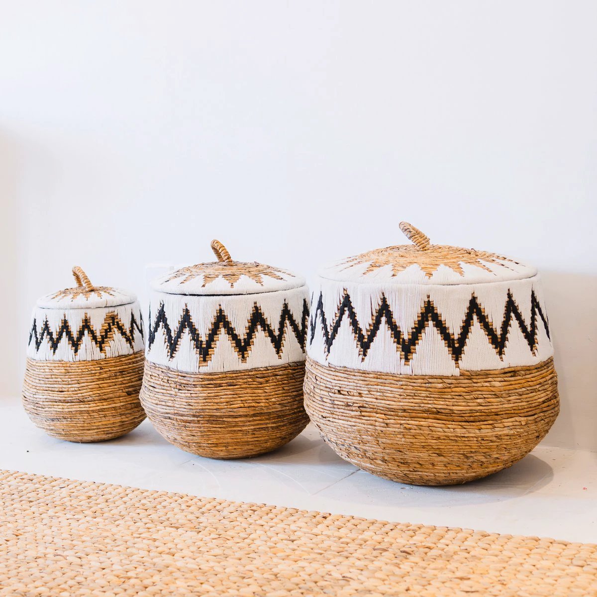 Laundry Basket with Lid – Boho Laundry Hamper Round – Large Boho Basket – Woven Basket with Cotton Pattern PALEM (3 sizes Ø33/43/55cm) by Soeji