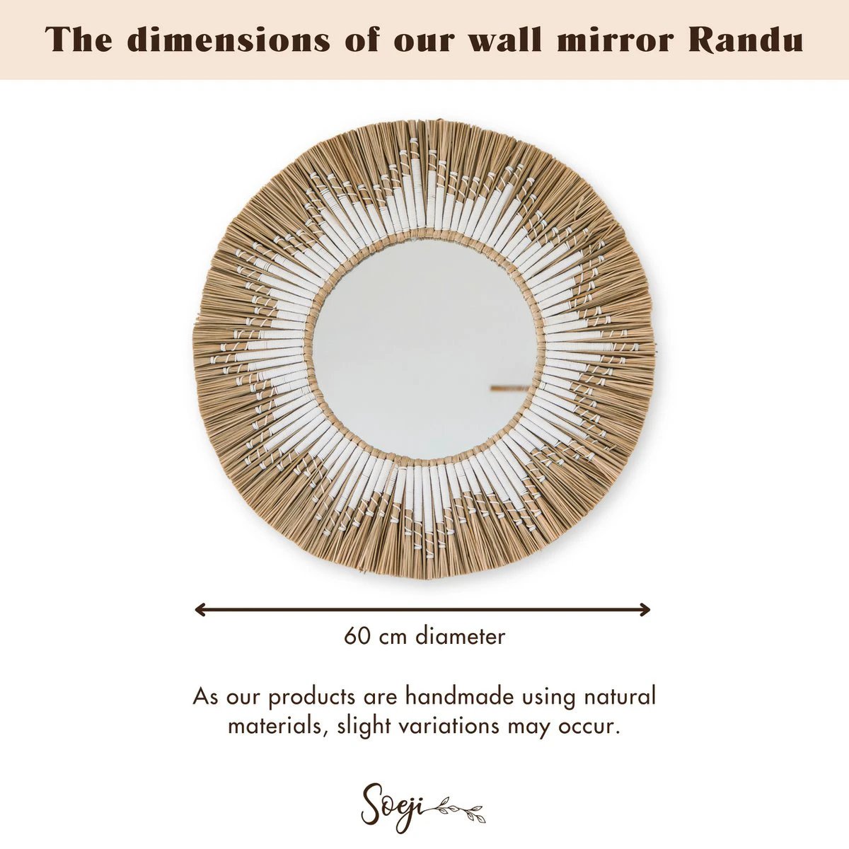 Round Wall Mirror Made of Seagrass – Boho Hanging Mirror – Wall Mirror with Fringes and Pattern Made of White Cotton (Ø 60 cm) RANDU by Soeji