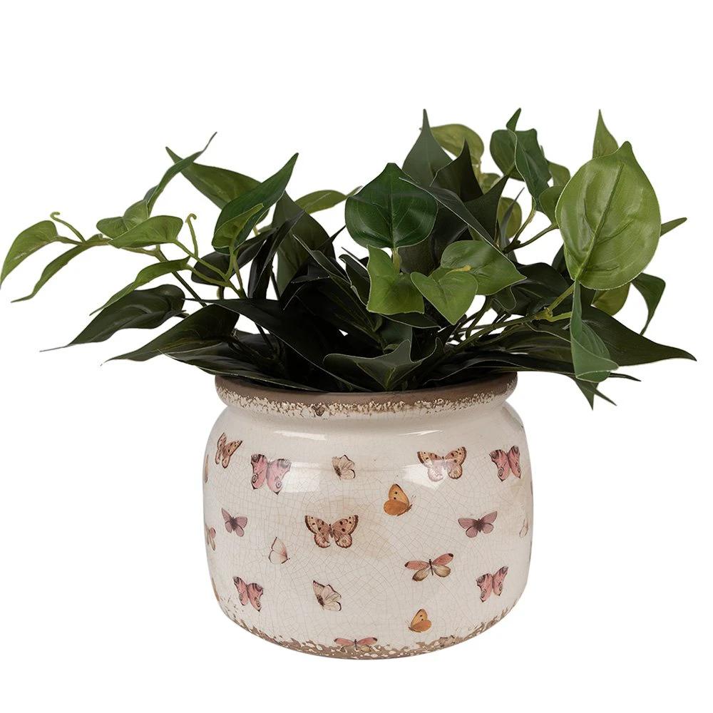 Flowerpot Ø 20x15 cm Beige Pink Ceramic Butterflies Flowerpot Inside by Clayre & Eef.