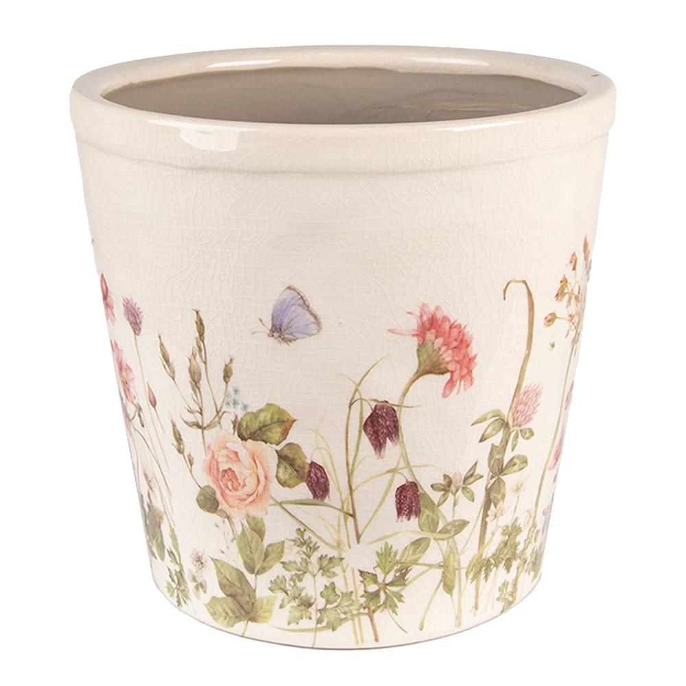 Flowerpot Ø 21x19 cm Pink Beige Ceramic Flowers Flowerpot Indoor by Clayre & Eef.