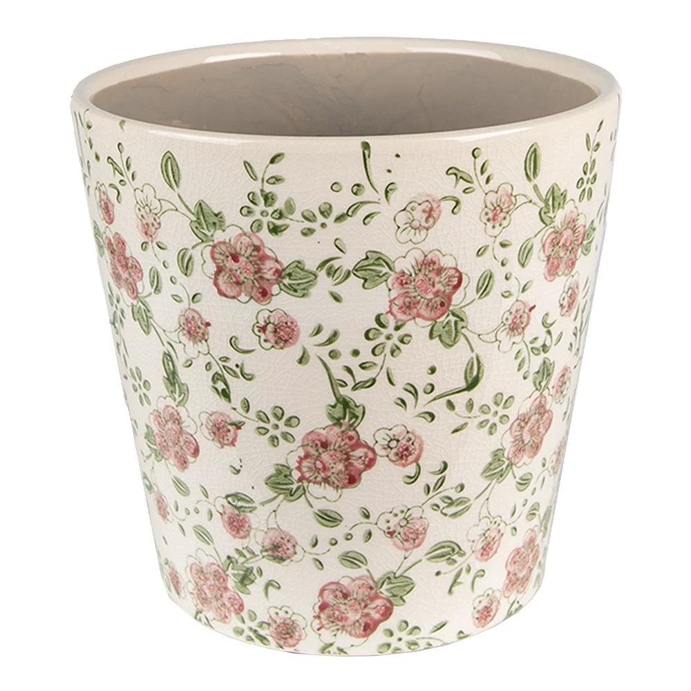 Flowerpot Ø 19x18 cm Pink Beige Ceramic Flowers Flowerpot Indoor by Clayre & Eef.