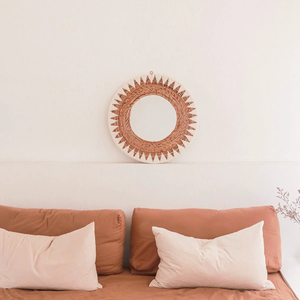 Round Boho Mirror 60 cm | Handmade Woven Wall Mirror AWAN | Wall Decoration with Pattern made of Cotton Cords by Soeji