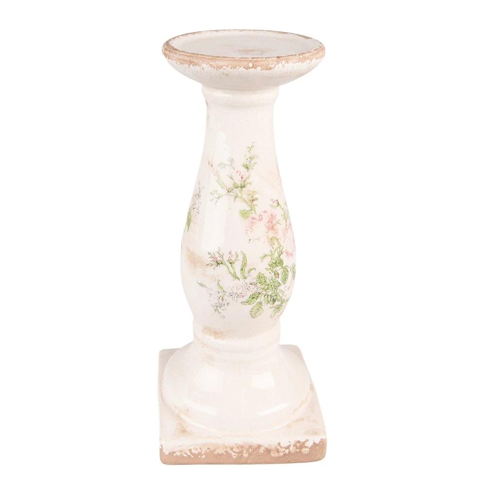 Kandelaar 30 cm Roze Beige Keramiek Bloemen Kaarsenstandaard by Clayre & Eef.