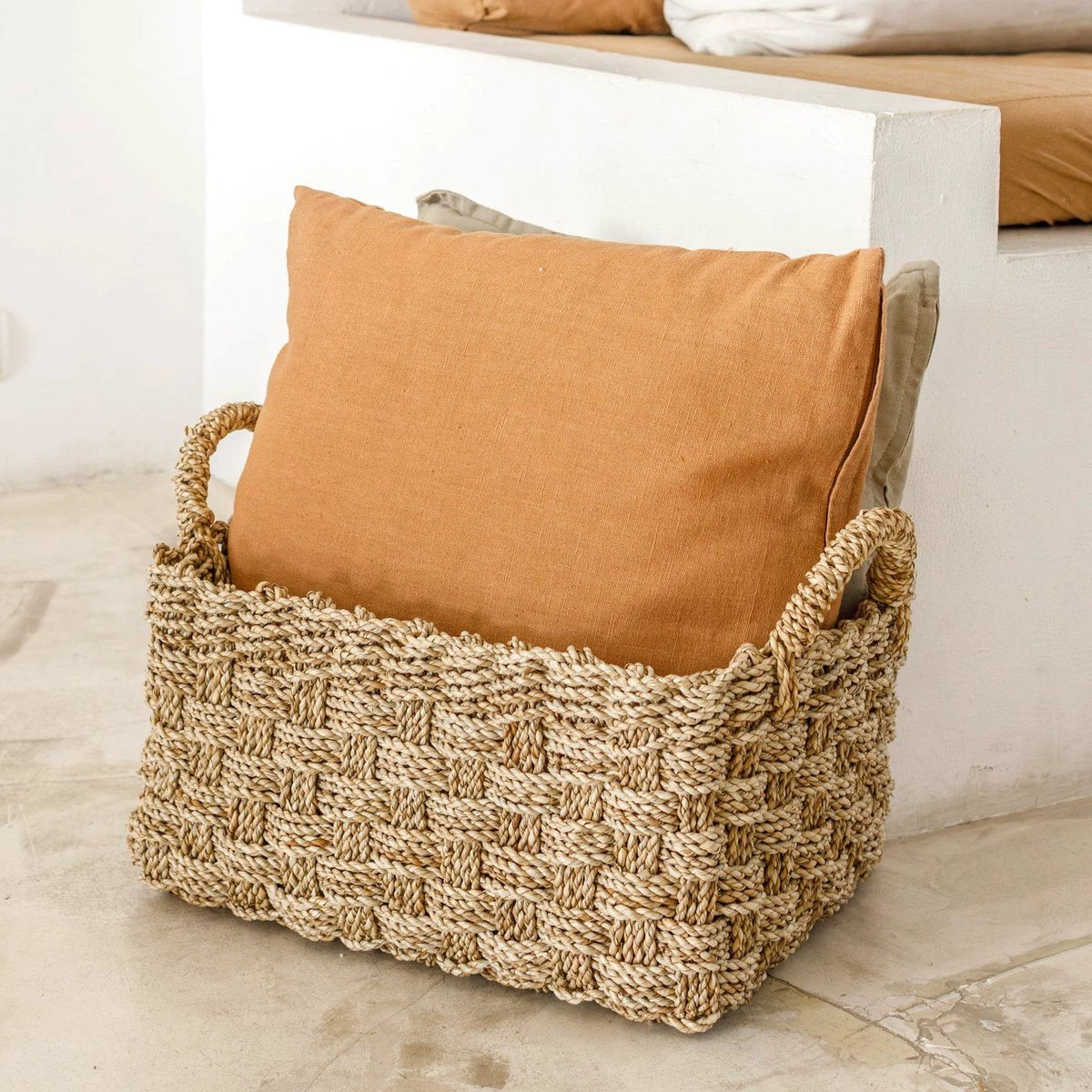 Basket Woven from Seagrass BATIK (3 sizes) Rectangular Storage Basket for Shelves or for Laundry by Soeji