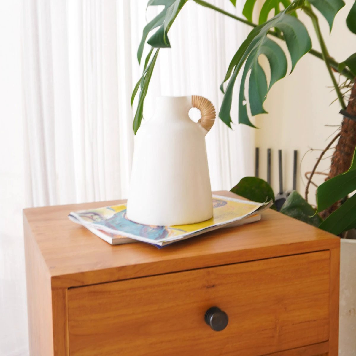 Vase White Small Decorative Vase for Dried or Fresh Flowers Hand Cast from Clay with Rattan Handle SANA by Soeji