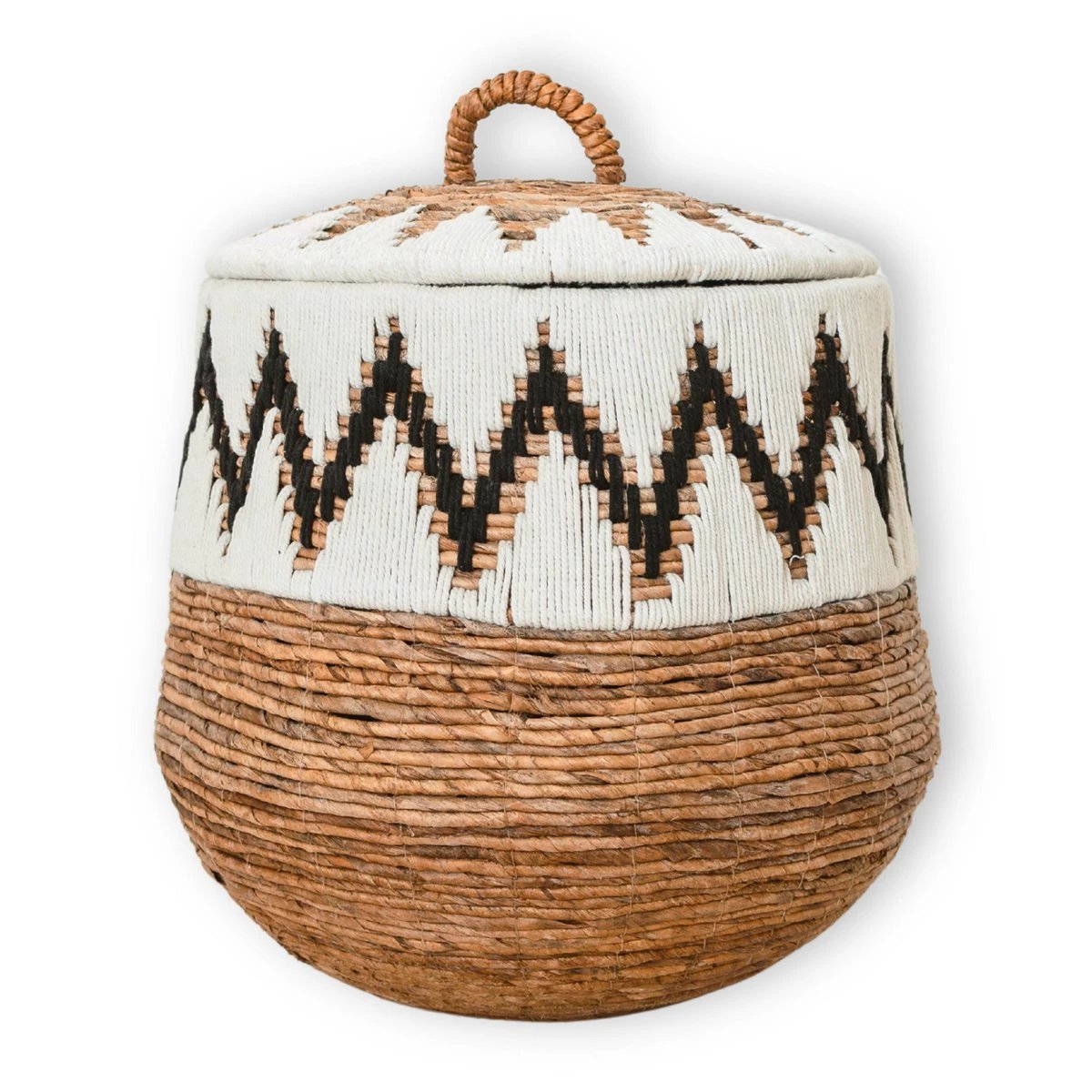 Laundry Basket with Lid – Boho Laundry Hamper Round – Large Boho Basket – Woven Basket with Cotton Pattern PALEM (3 sizes Ø33/43/55cm) by Soeji