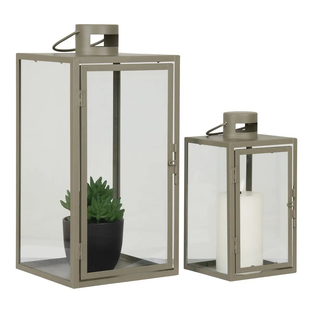 Corfu Lanterns - Green, Steel, Glass, 13/19.5x13/19.5x25.5/40 cm - Set of 2 by EMIRELLE