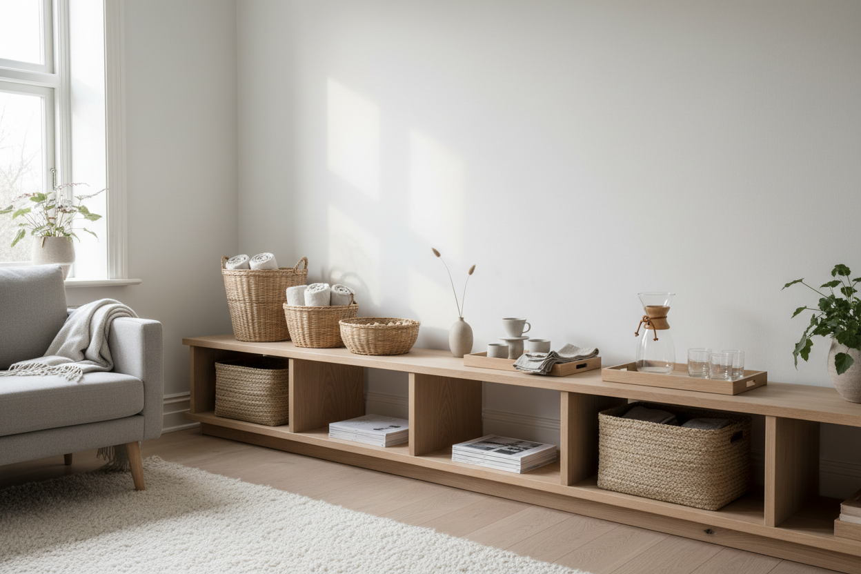 Learn how trays, baskets, and open storage create visible order in calm interiors. A practical guide to structured, material-driven organization inspired by Scandinavian design.