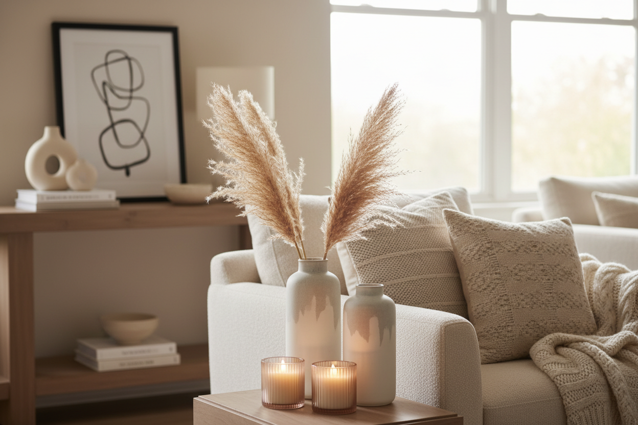 Home accessories and decorative items made of ceramic, glass, wood and metal for shelves, tables, sideboards and window sills in tranquil living spaces.