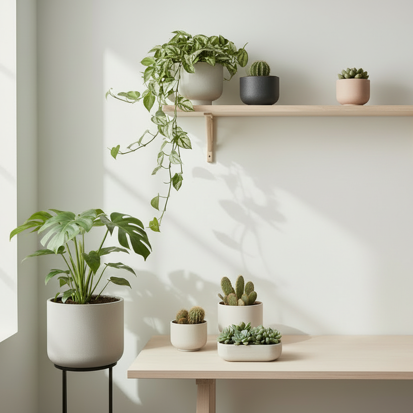 Discover Pots & Planters that frame your indoor greenery with neutral, matte finishes in ceramic, stoneware, glass, and metal—perfect for shelves and desks.