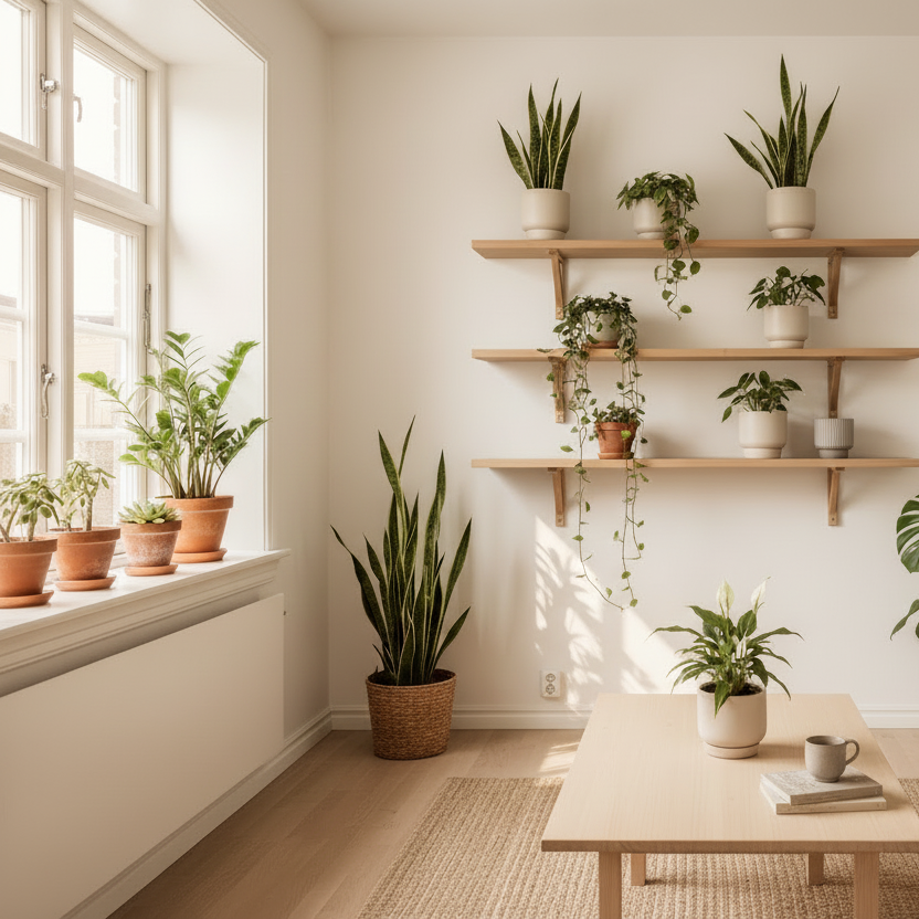 Indoor plants selected for calm, well-structured interiors. Natural greenery for windowsills, tables, shelves, and plant corners.